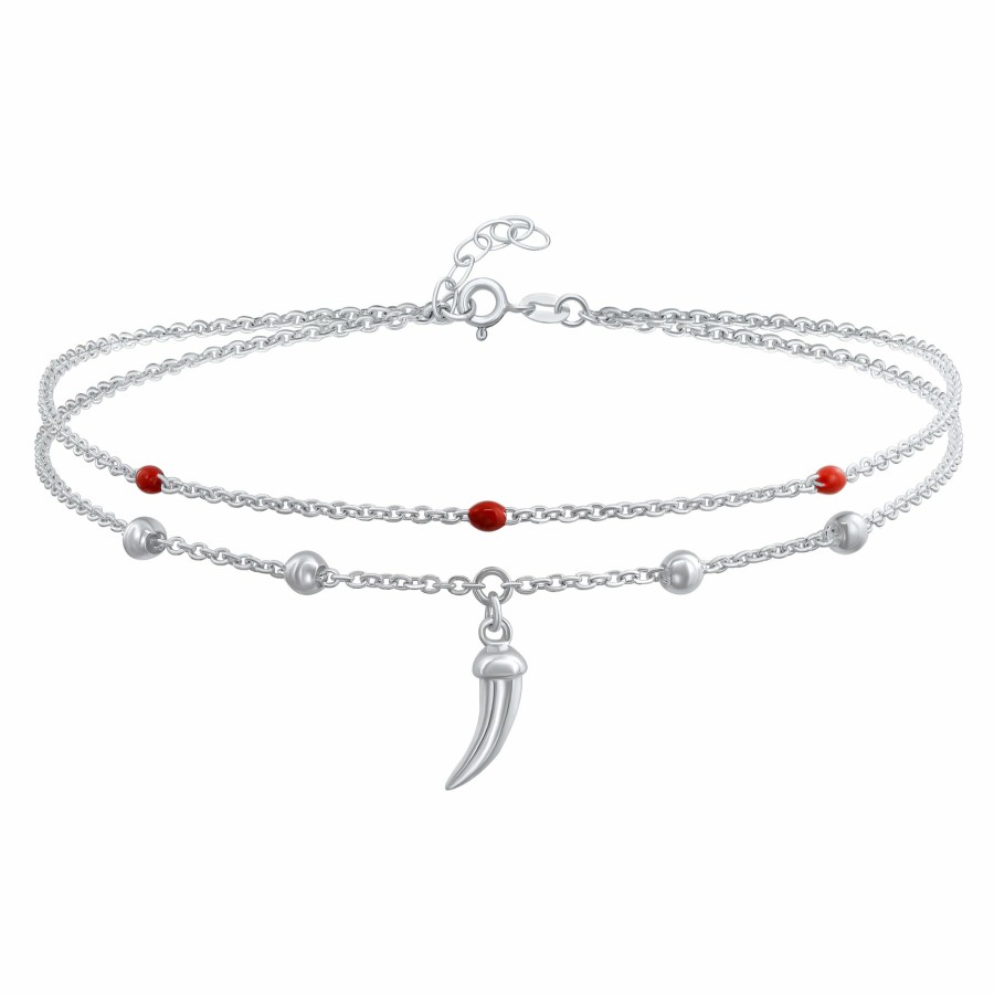 Shop Women Bling Jewelry Delicate Bracelets | Tooth Horn Red Bead Chili Pepper Anklet Ankle Bracelet .925 Silver