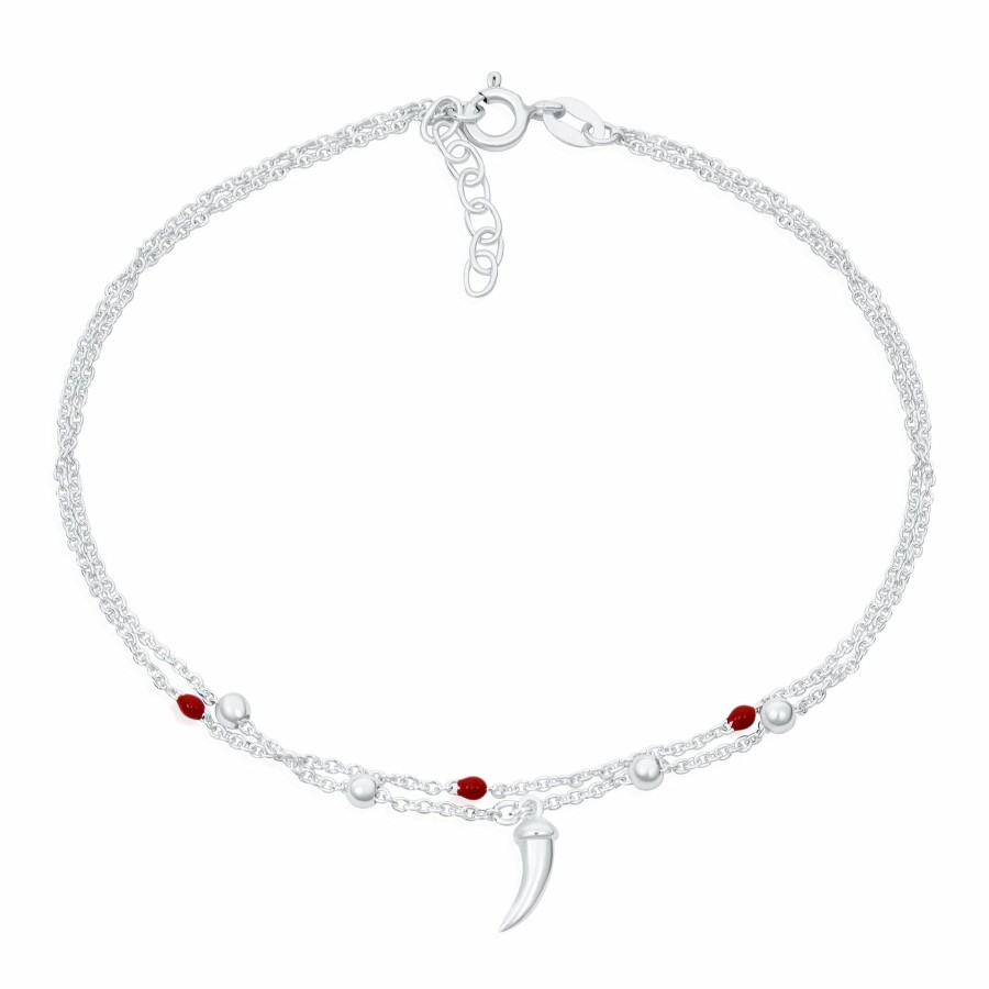 Shop Women Bling Jewelry Delicate Bracelets | Tooth Horn Red Bead Chili Pepper Anklet Ankle Bracelet .925 Silver