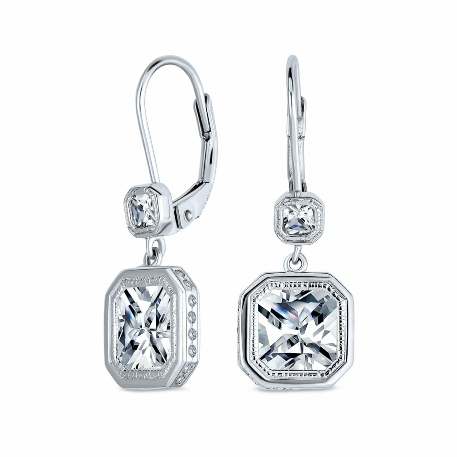 Shop Women Bling Jewelry Dangle Drop Earrings | Square Radiant Cut Solitaire Cz Bezel Drop Earrings Sterling Silver