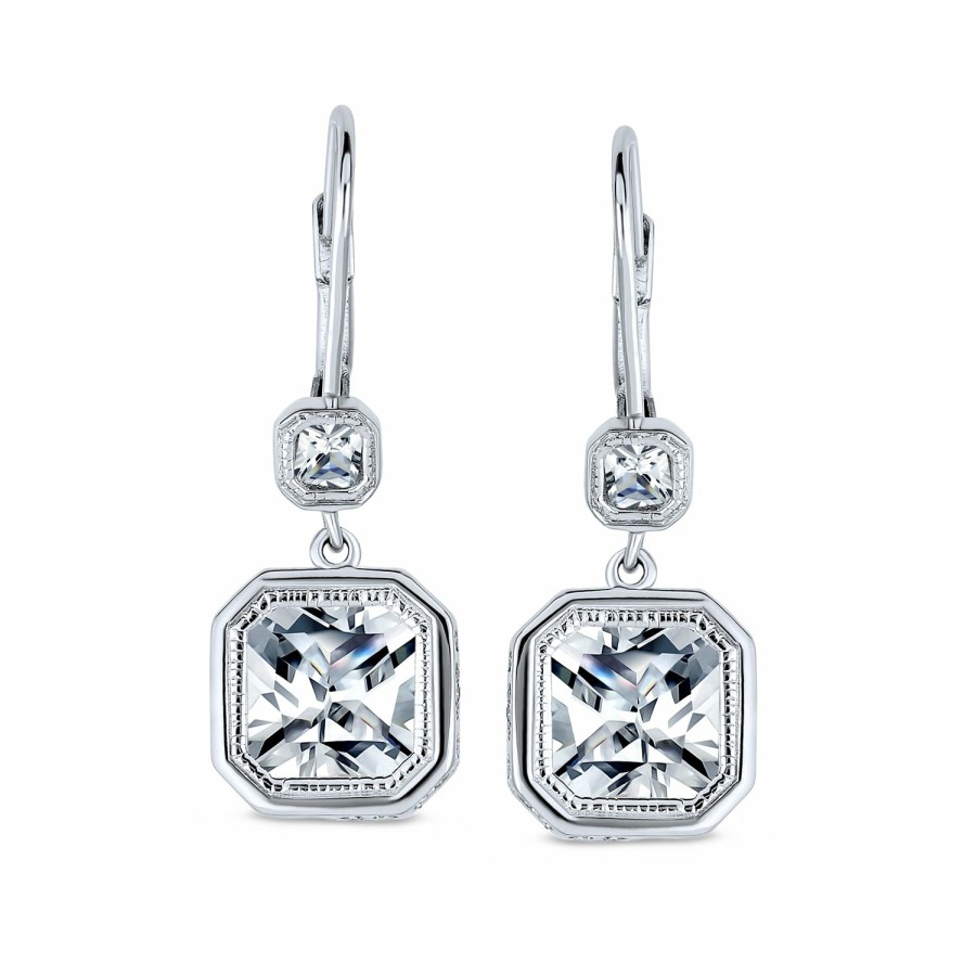 Shop Women Bling Jewelry Dangle Drop Earrings | Square Radiant Cut Solitaire Cz Bezel Drop Earrings Sterling Silver