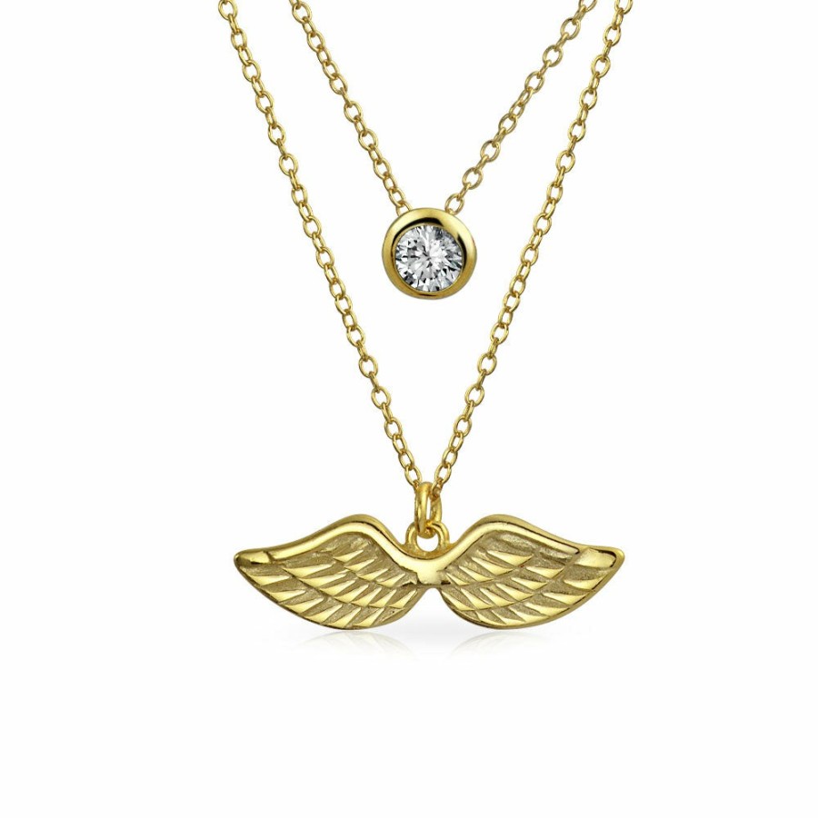 Shop Women Bling Jewelry Jewelry Sets | Solitaire Angel Wing Pendant Necklace Gold Plated Sterling Silver