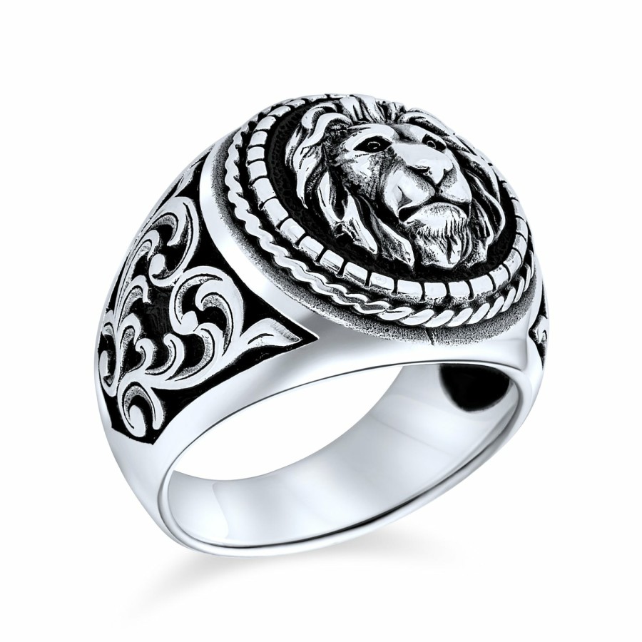 Shop Men Bling Jewelry Mens Engravable Rings | Large Vintage Style King Of Jungle Lion Bear Ring For Men .925 Sterling