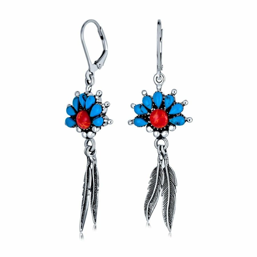 Shop Women Bling Jewelry Dangle Drop Earrings | Western Jewelry Turquoise Coral Feather Drop Earrings Sterling Silver