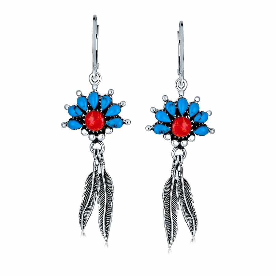 Shop Women Bling Jewelry Dangle Drop Earrings | Western Jewelry Turquoise Coral Feather Drop Earrings Sterling Silver