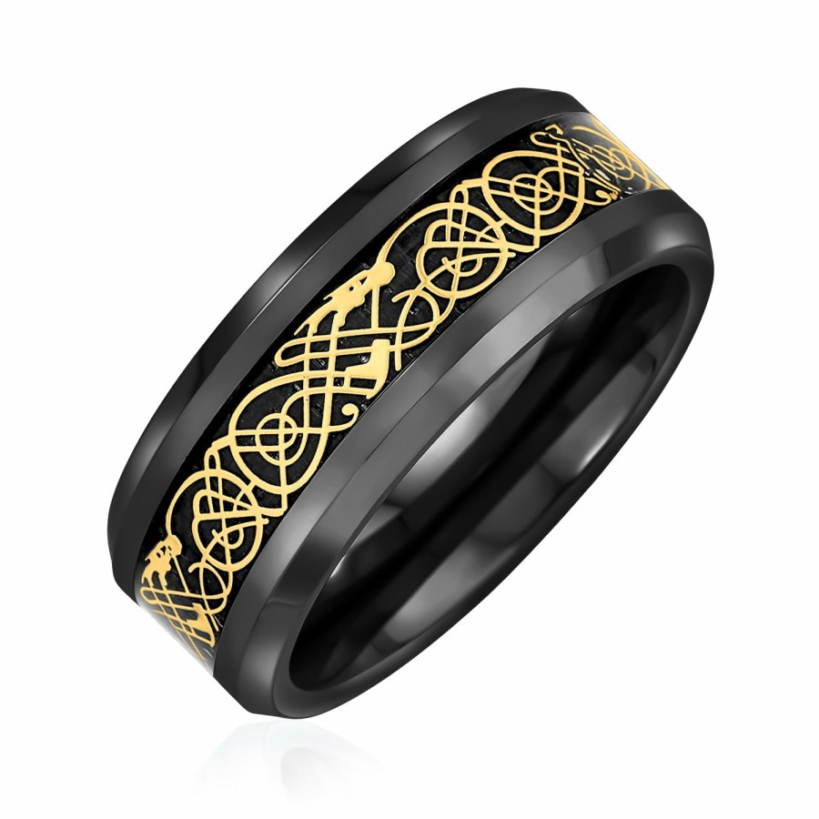 Shop Men Bling Jewelry Mens Engravable Rings | Two Tone Celtic Dragon Inlay Silver Gold Titanium Wedding Band Ring