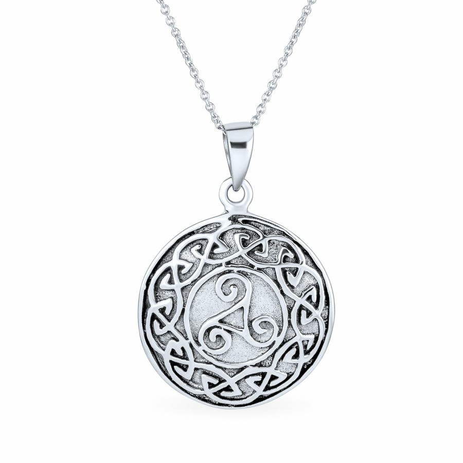 Shop Men Bling Jewelry Mens Engravable Necklaces | Celtic Triskele Triquetra Spiral Knot Medallion Pendant Necklace Sterling