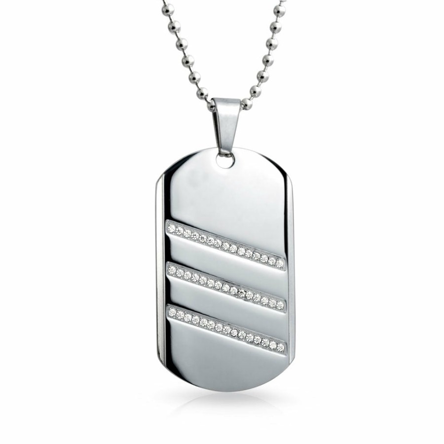 Shop Men Bling Jewelry Mens Engravable Necklaces | Geometric Engravable Mens Cz Dog Tag Pendant Necklace Stainless Steel Silver Tone