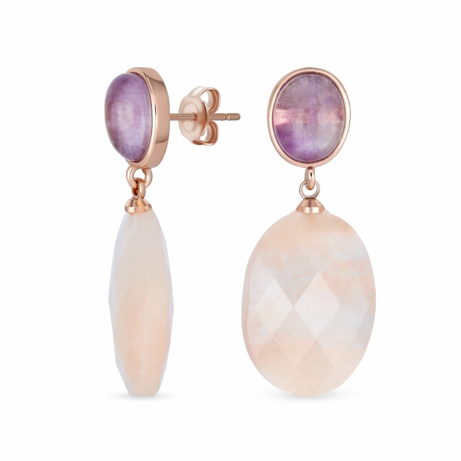 Shop Women Bling Jewelry Dangle Drop Earrings | Briolette Purple Pink Rose Quartz Dangle Drop Earrings Rose Gold Plate