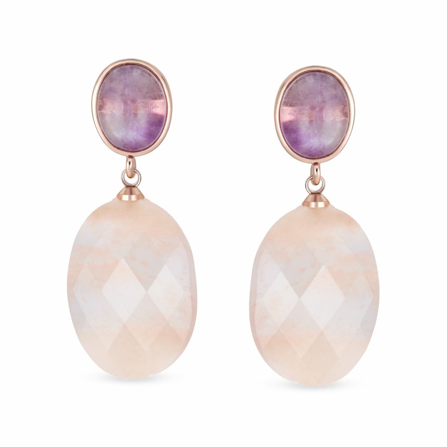 Shop Women Bling Jewelry Dangle Drop Earrings | Briolette Purple Pink Rose Quartz Dangle Drop Earrings Rose Gold Plate