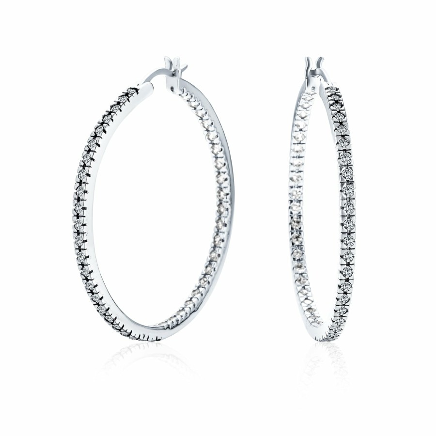 Shop Women Bling Jewelry Hoops Huggies Earrings | White Cubic Zirconia Pave Inside Out Hoop Earrings Silver Plated