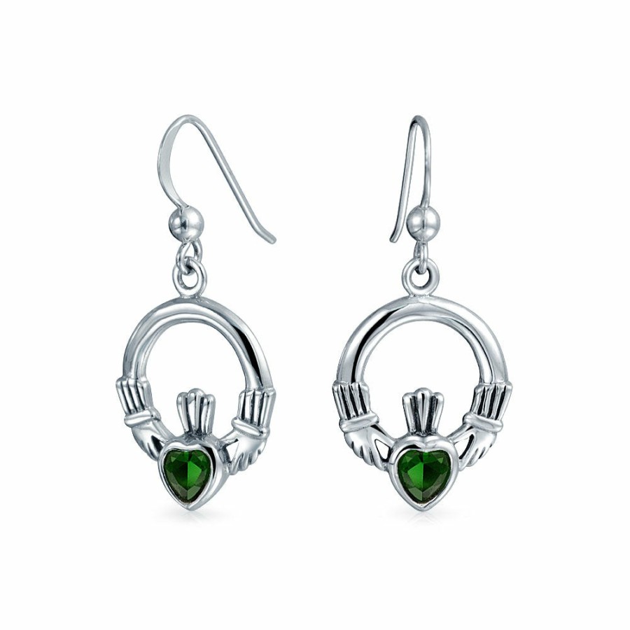 Shop Women Bling Jewelry Dangle Drop Earrings | Claddagh Celtic Heart Dangle Earrings Imitation Garnet Emerald .925 Silver