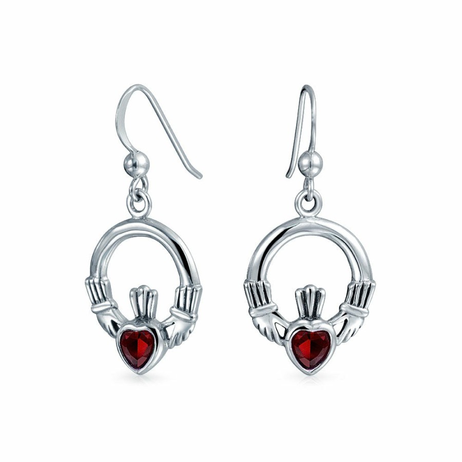 Shop Women Bling Jewelry Dangle Drop Earrings | Claddagh Celtic Heart Dangle Earrings Imitation Garnet Emerald .925 Silver