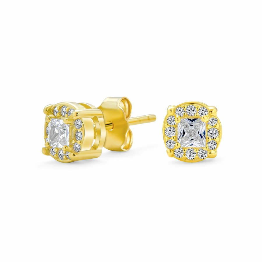 Shop Women Bling Jewelry Stud Earrings | Invisible Cut Square Cz Stud Earrings Gold Plated Sterling Silver