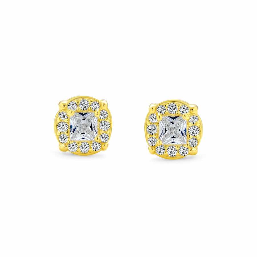 Shop Women Bling Jewelry Stud Earrings | Invisible Cut Square Cz Stud Earrings Gold Plated Sterling Silver