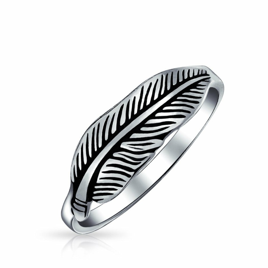 Shop Women Bling Jewelry Unique Rings | American Western Jewelry Boho Feather Leaf Band Ring Sterling Silver