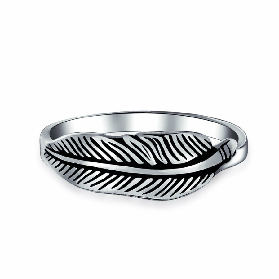 Shop Women Bling Jewelry Unique Rings | American Western Jewelry Boho Feather Leaf Band Ring Sterling Silver