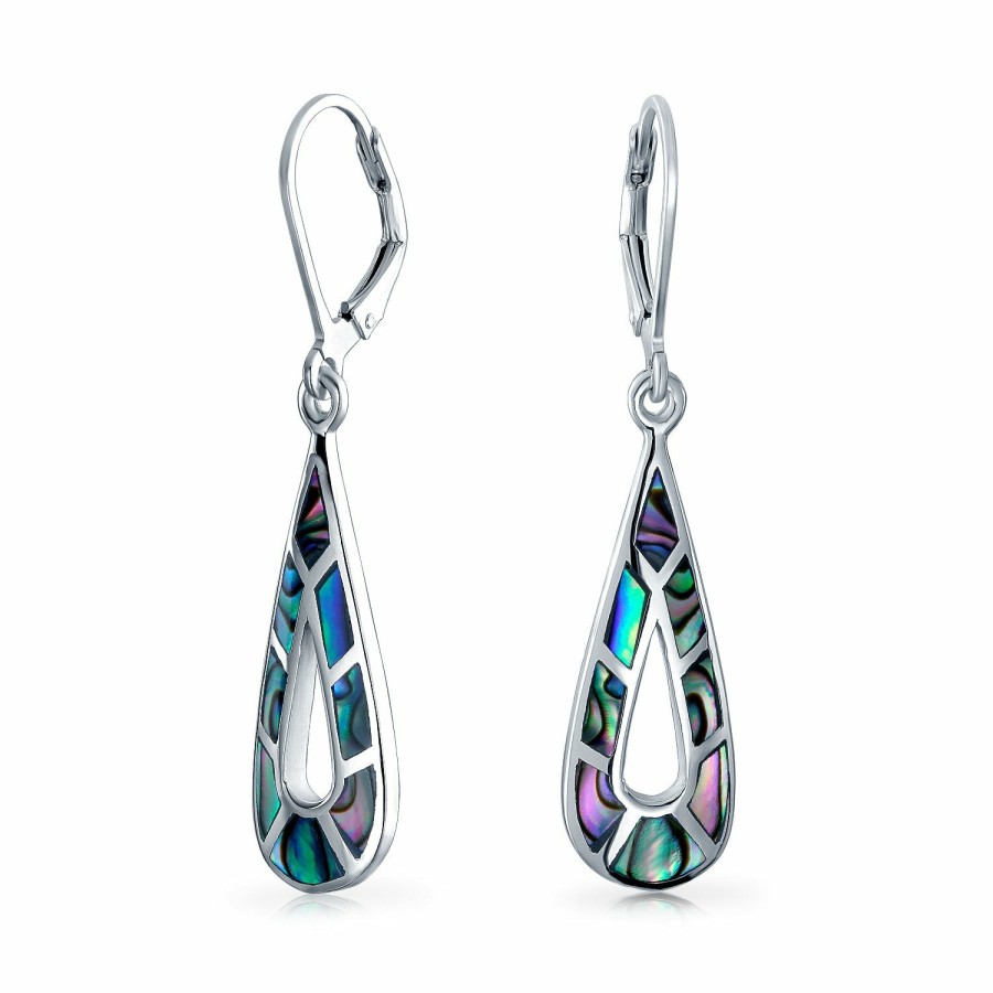 Shop Women Bling Jewelry Dangle Drop Earrings | Long Abalone Shell Oval Teardrop Dangle Earrings .925 Sterling Silver