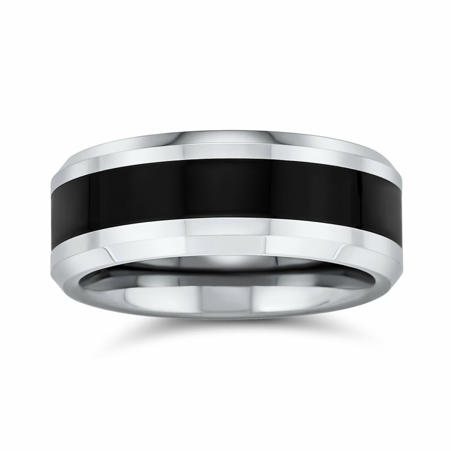 Shop Men Bling Jewelry Mens Rings | Two Tone Black Couples Wedding Band Titanium Ring Beveled Edge 8Mm Silver