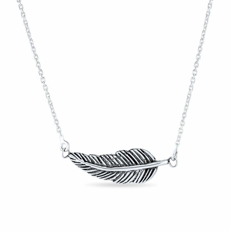 Shop Women Bling Jewelry Pendant Necklaces | Feather Leaf Sideways Western Jewelry Pendant Necklace 925 Gold