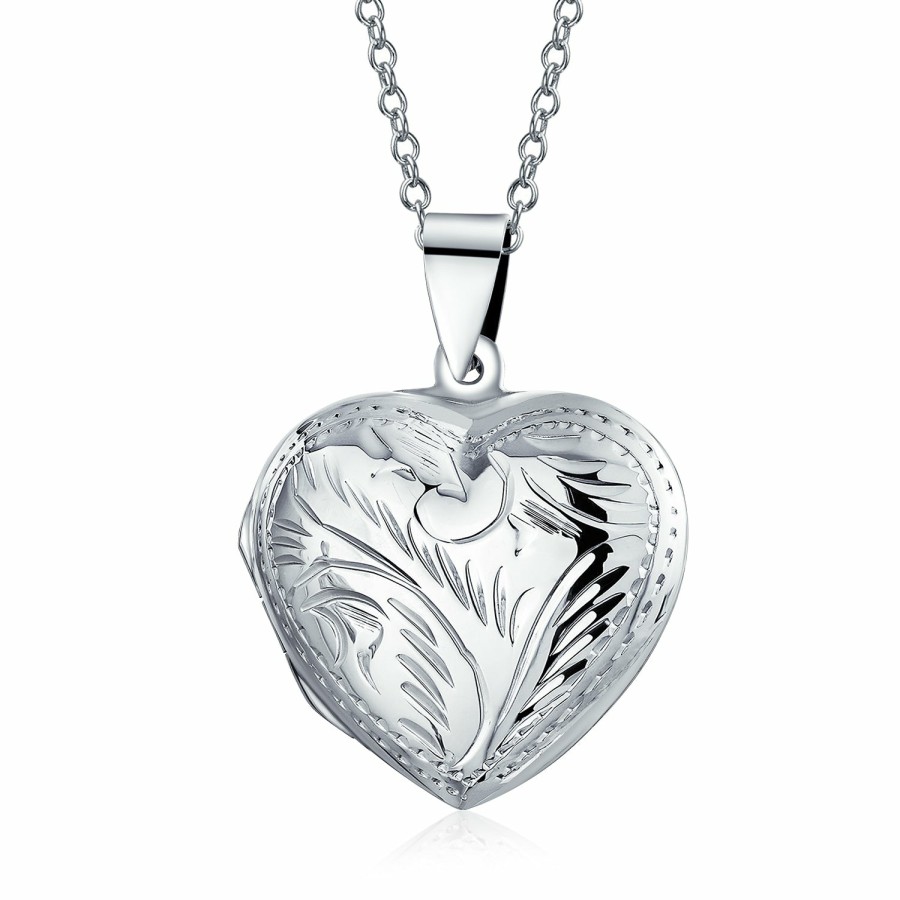 Shop Women Bling Jewelry Pendant Necklaces | Vintage Style Leaf Engraved Puff Heart Photo Keepsake Locket Silver