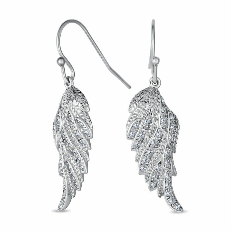 Shop Women Bling Jewelry Dangle Drop Earrings | Cubic Zirconia Cz Angel Wing Feather Dangle Earrings Sterling