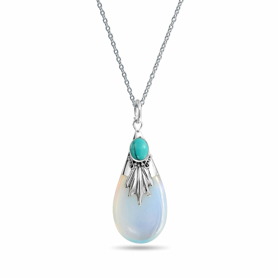 Shop Women Bling Jewelry Pendant Necklaces | Tribal Turquoise Opalite Teardrop Pendant .925 Silver Western Necklace