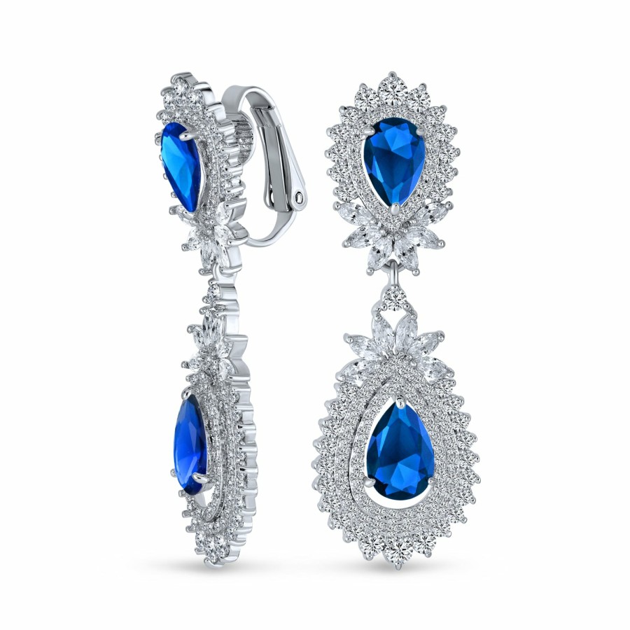 Shop Women Bling Jewelry Clip On Earrings | Art Deco Bridal Teardrop Halo Chandelier Clip On Earrings Silver Blue