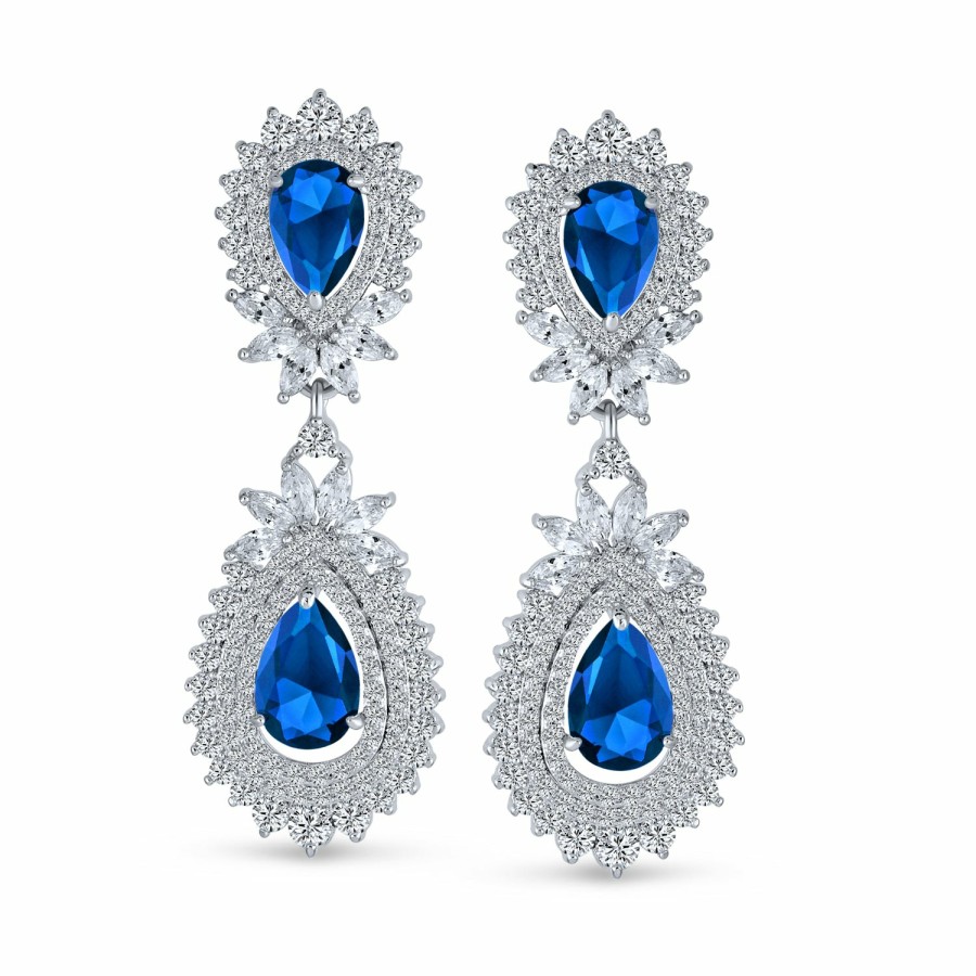 Shop Women Bling Jewelry Clip On Earrings | Art Deco Bridal Teardrop Halo Chandelier Clip On Earrings Silver Blue