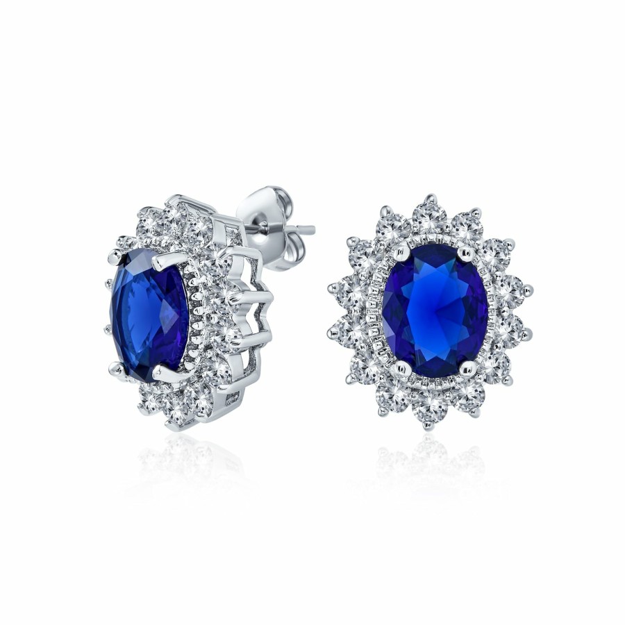 Shop Women Bling Jewelry Stud Earrings | Classic Oval Halo Navy Cz Stud Earrings Necklace Simulated Sapphire