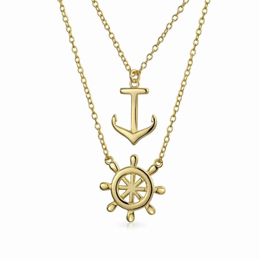 Shop Women Bling Jewelry Pendant Necklaces | Sideways Nautical Anchor Pendant Necklace Bracelet Gold Plated