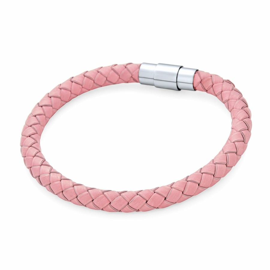 Shop Women Bling Jewelry Cuff Bangle Bracelets | Blue Woven Braided Faux Leather Bangle Bracelet Stainless Steel Pink