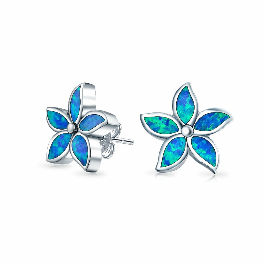 Shop Women Bling Jewelry | Blue Created Opal Inlay Flower Stud Earrings .925 Sterling Silver