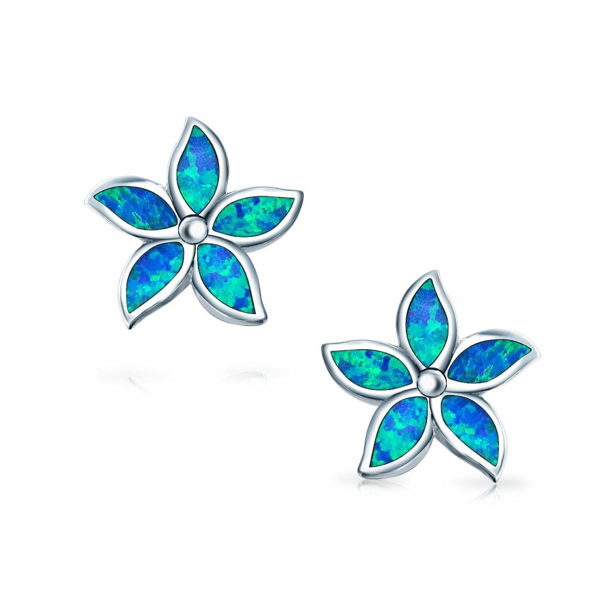 Shop Women Bling Jewelry | Blue Created Opal Inlay Flower Stud Earrings .925 Sterling Silver