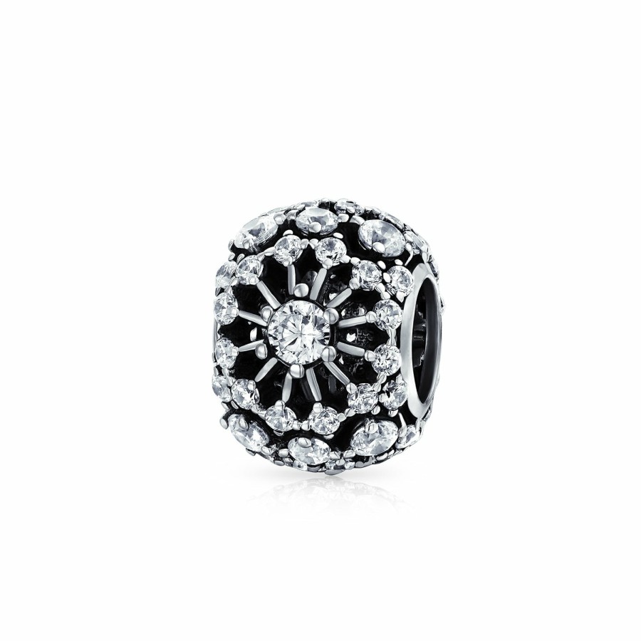 Shop Women Bling Jewelry Unique Charms | White Crystal Flower Spacer Open Round Bead Charm .925 Sterling Silver