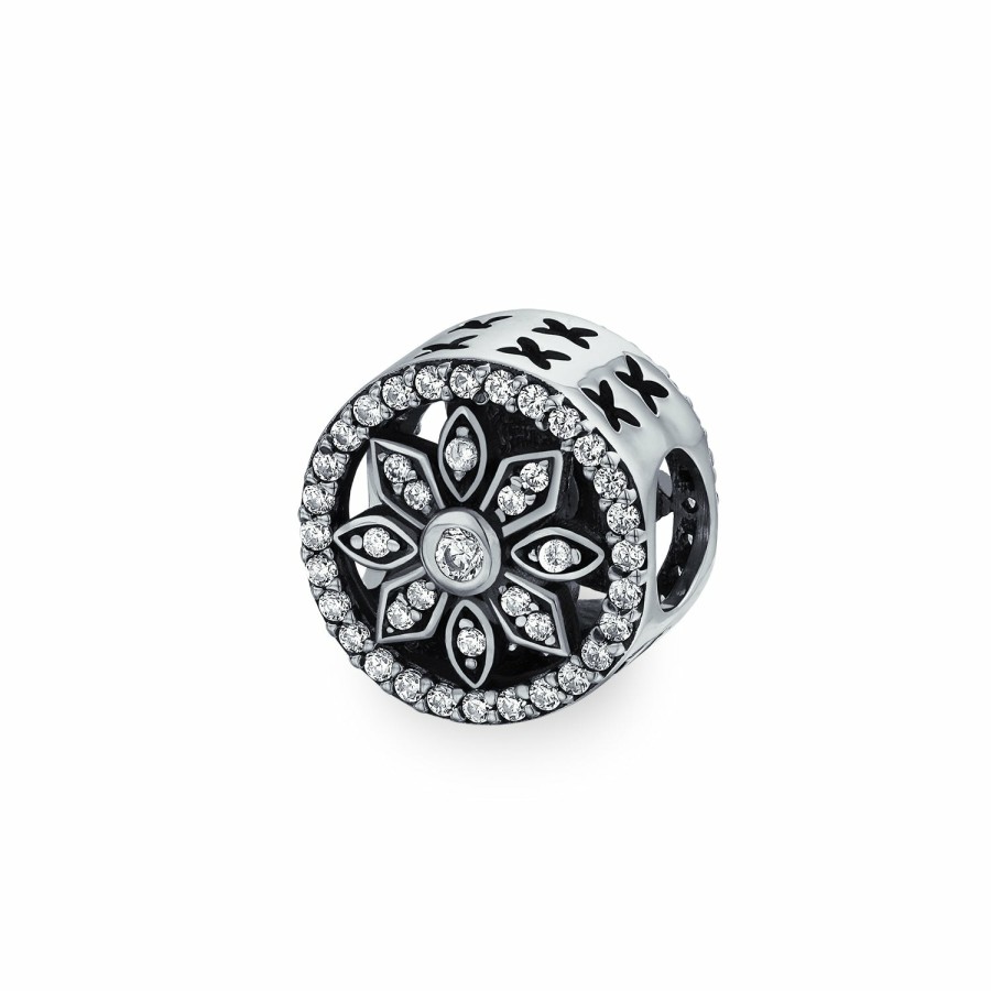 Shop Women Bling Jewelry Unique Charms | White Crystal Flower Spacer Open Round Bead Charm .925 Sterling Silver