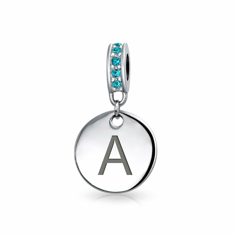 Shop Women Bling Jewelry Birthstone Beads | Aqua Crystal Alphabet Initials Disc Circle Charm Bead .925 Silver