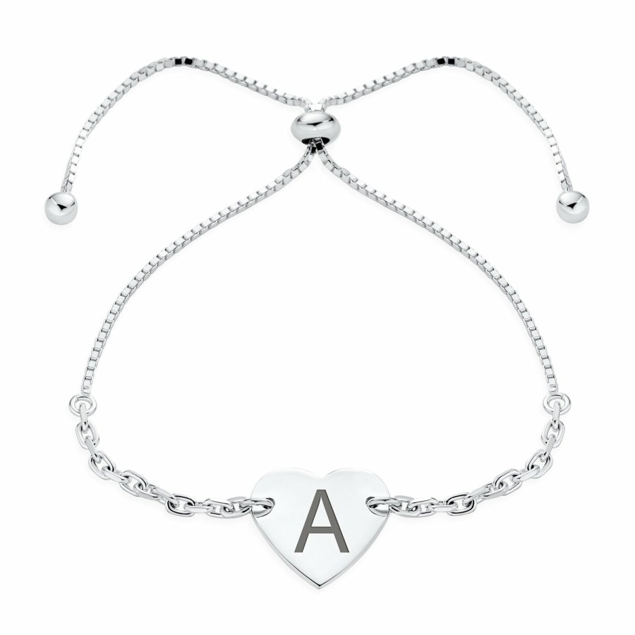 Shop Women Bling Jewelry Engravable Bracelets | Identification Id Tag Initial A-Z Heart Bolo Bracelet Sterling