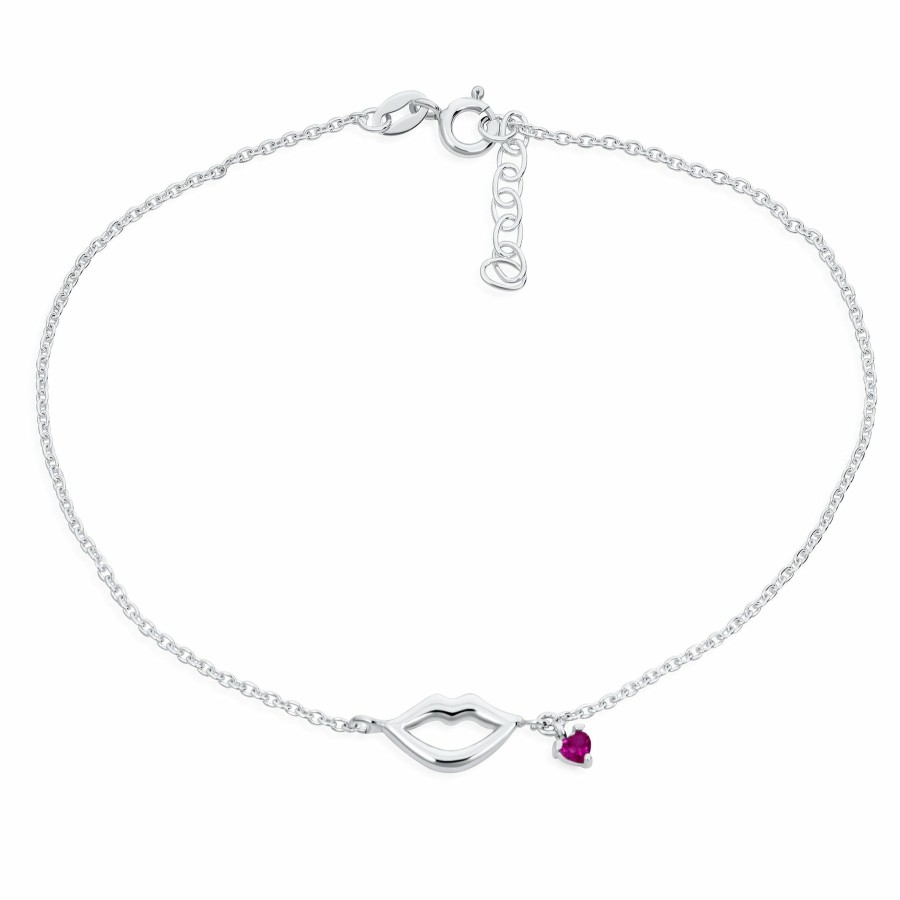 Shop Women Bling Jewelry Delicate Bracelets | Lovers Kiss Lips Red Heart Cz Dangle Anklet Bracelet .925Sterling Silver