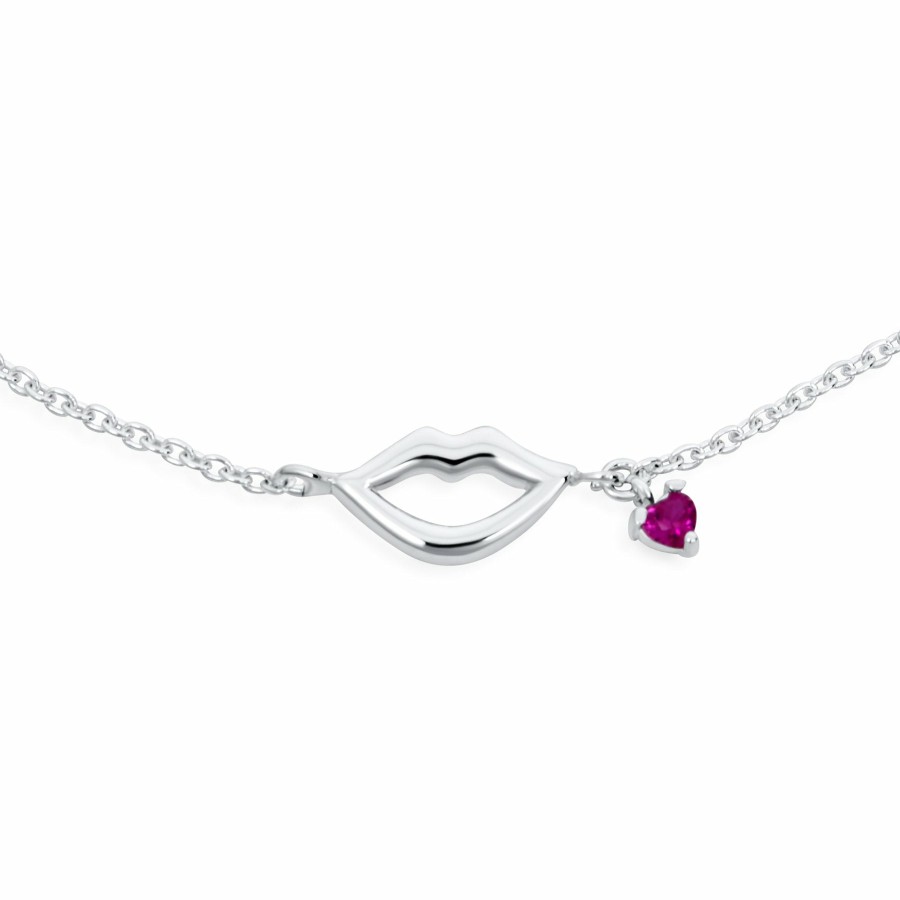 Shop Women Bling Jewelry Delicate Bracelets | Lovers Kiss Lips Red Heart Cz Dangle Anklet Bracelet .925Sterling Silver