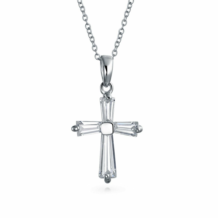 Shop Women Bling Jewelry | Dainty Bridal Baguette Aaa Cz Cross Pendant Necklace Sterling