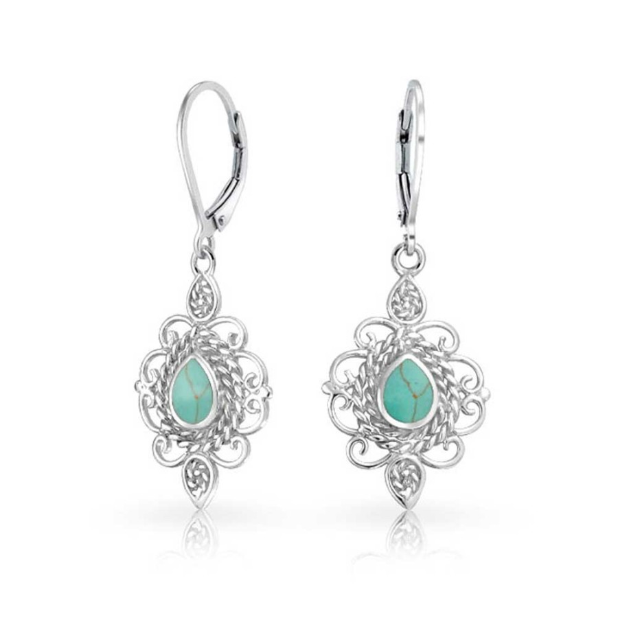 Shop Women Bling Jewelry Dangle Drop Earrings | Vintage Filigree Teardrop Turquoise Dangle Western Earrings .925 Silver