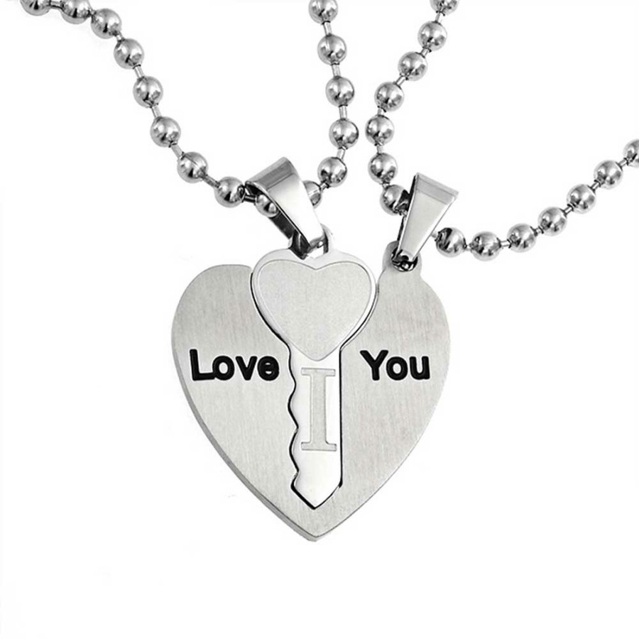 Shop Women Bling Jewelry Pendant Necklaces | I Love You Couples Heart Key Puzzle Pendant Necklace Stainless Steel Silver Tone