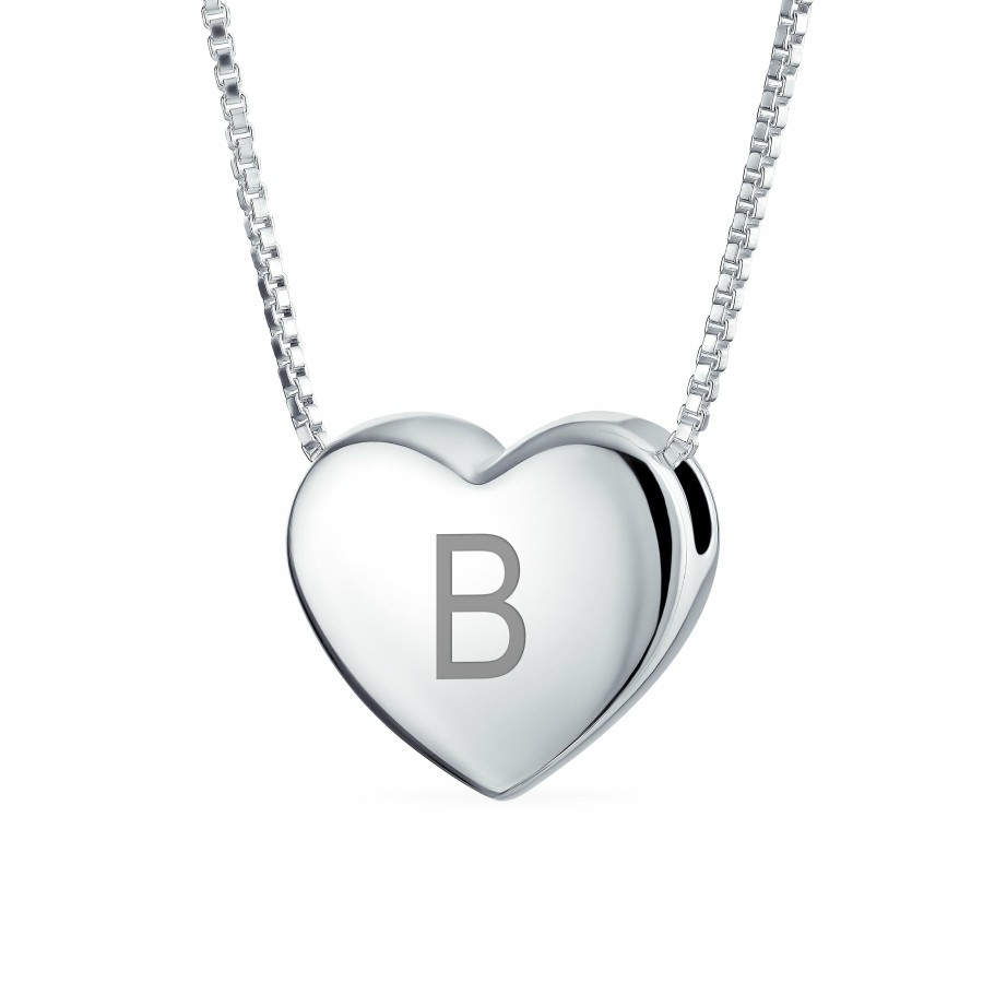 Shop Women Bling Jewelry Engravable Necklaces | Initial A-Z Monogram Heart Necklace Slide Pendant .925Sterling