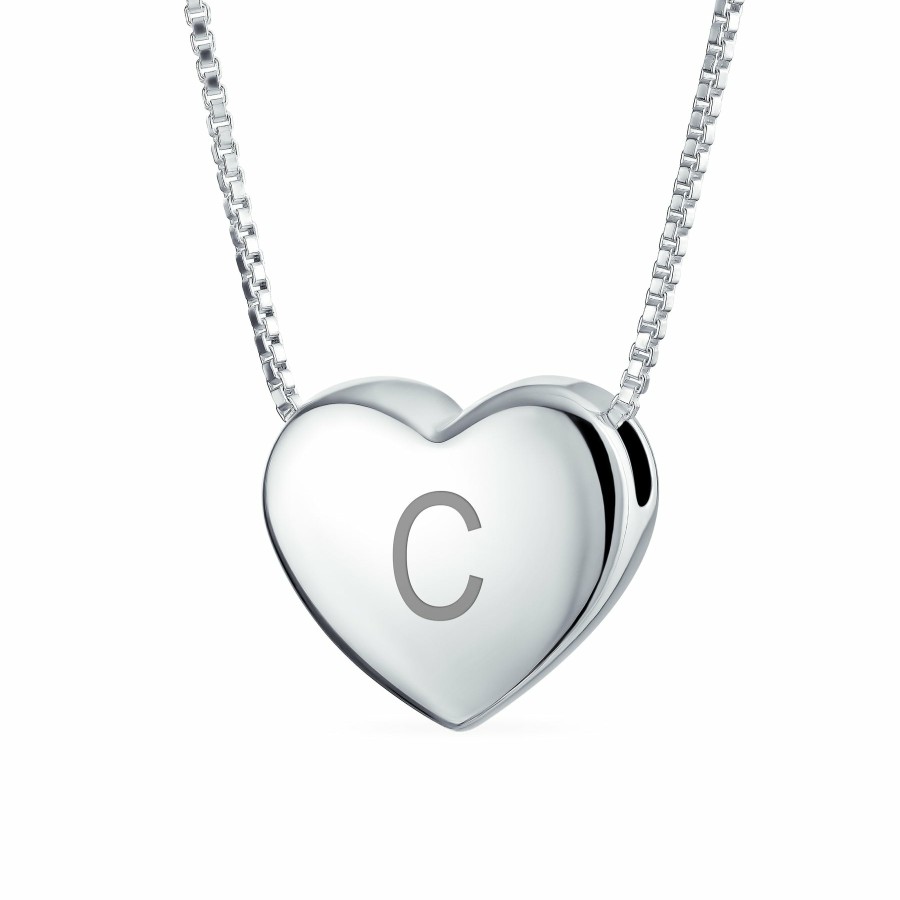 Shop Women Bling Jewelry Engravable Necklaces | Initial A-Z Monogram Heart Necklace Slide Pendant .925Sterling