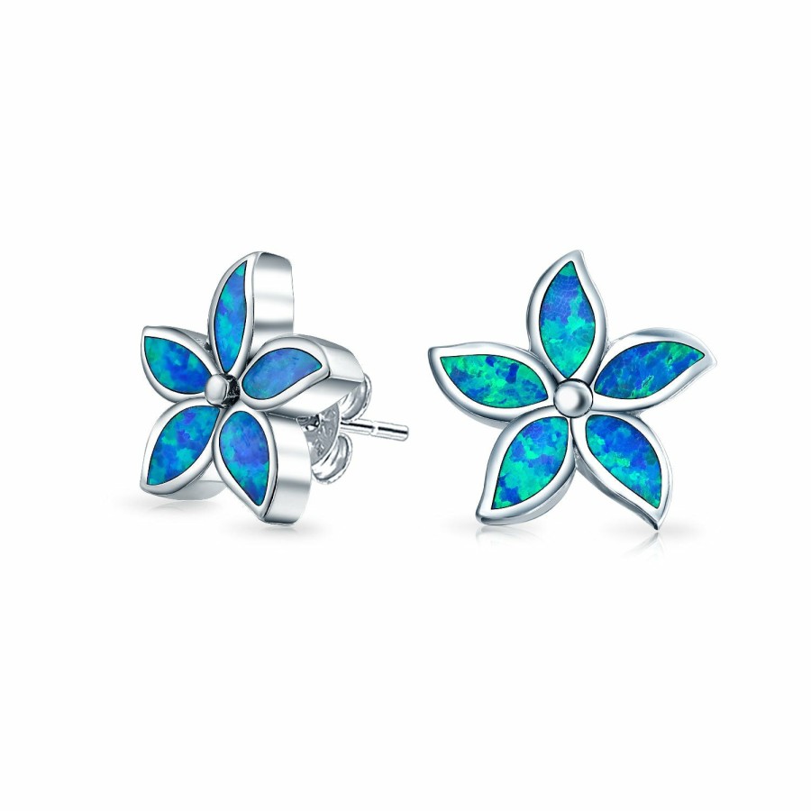 Shop Women Bling Jewelry Stud Earrings | Blue Created Opal Inlay Flower Stud Earrings .925 Sterling Silver