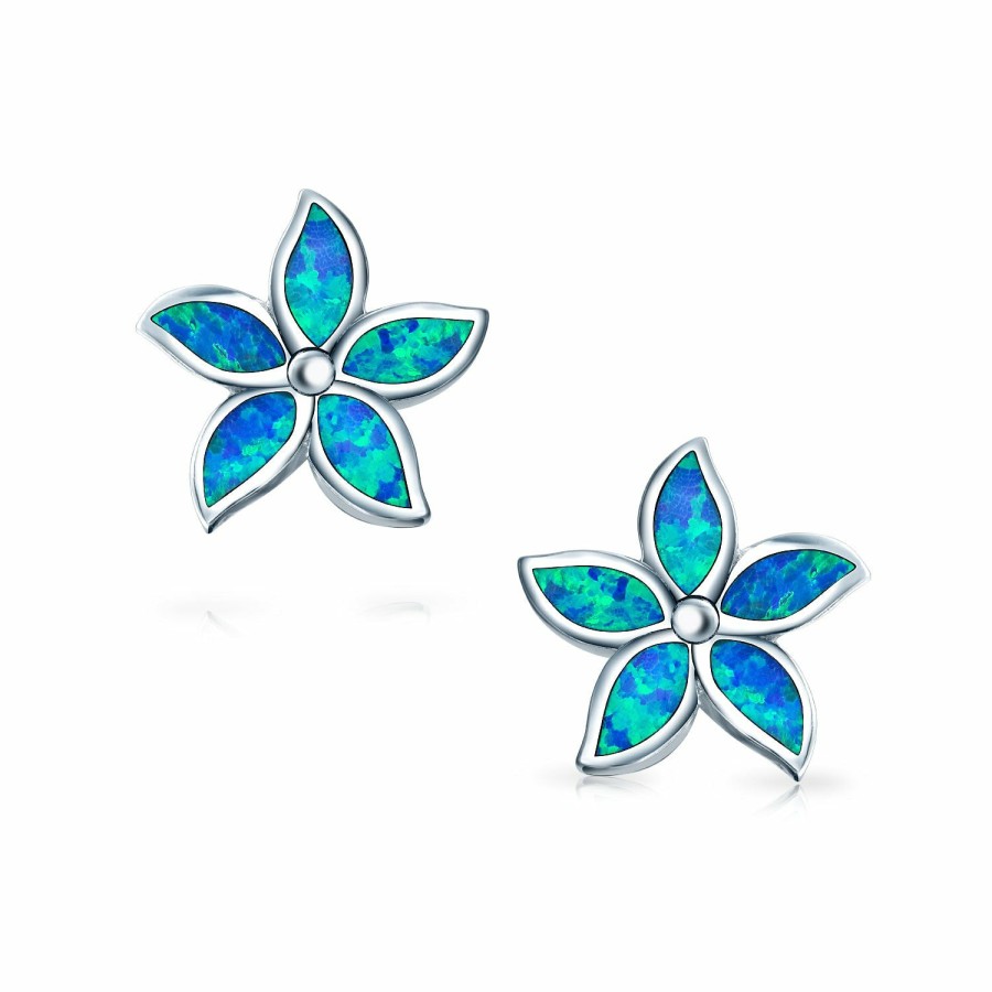 Shop Women Bling Jewelry Stud Earrings | Blue Created Opal Inlay Flower Stud Earrings .925 Sterling Silver