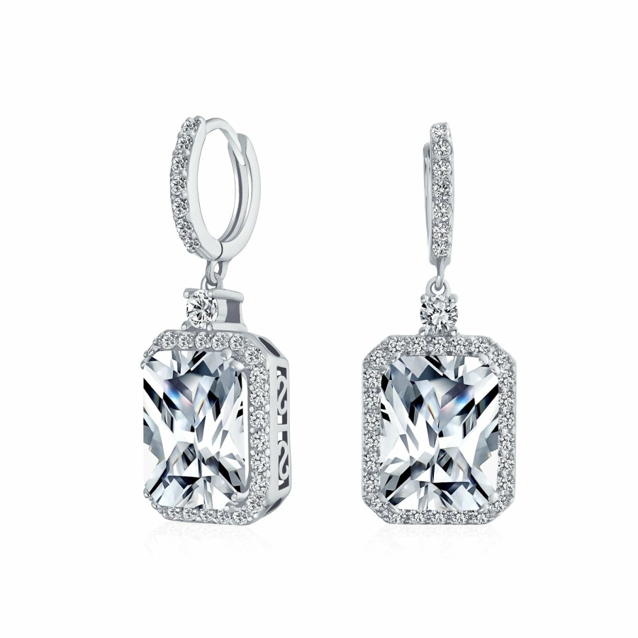 Shop Women Bling Jewelry Dangle Drop Earrings | 10Ct Emerald Cut Cz Dangle Hoop Statement Earrings Silver Plated