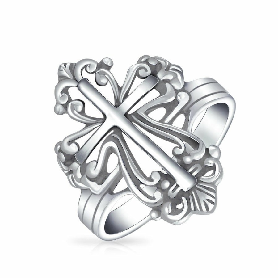 Shop Women Bling Jewelry Engravable Rings | Christian Religious Fleur De Lis Cross Ring Oxidized Sterling Silver