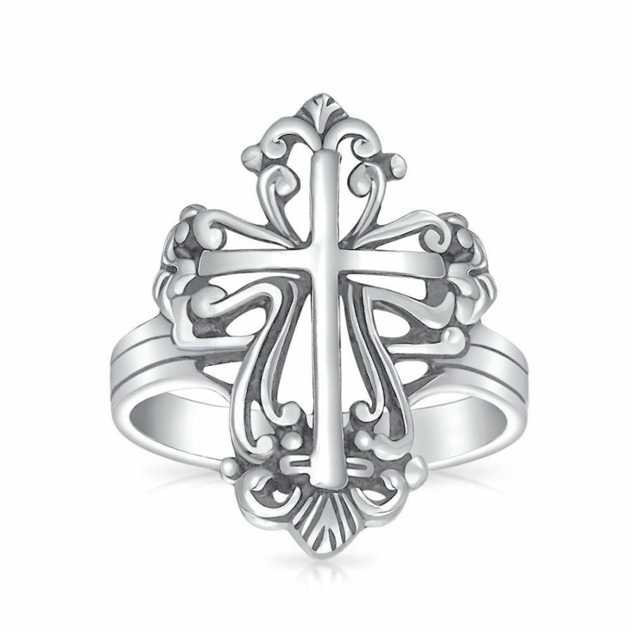 Shop Women Bling Jewelry Engravable Rings | Christian Religious Fleur De Lis Cross Ring Oxidized Sterling Silver