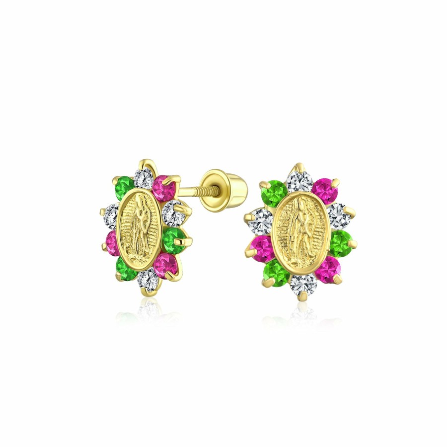 Shop Women Bling Jewelry Stud Earrings | Small Medallion Religious Virgin Mary Stud Earring 14K Yellow